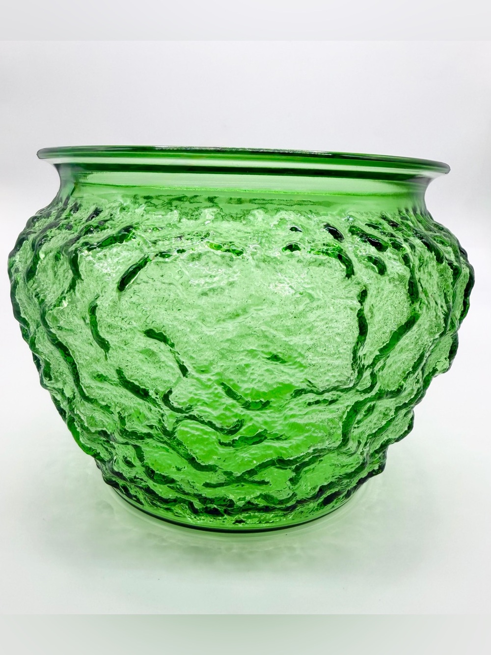 Vintage Planter E.O Brody 1970s Green Textured Glass Decorative Pot - Crinkle